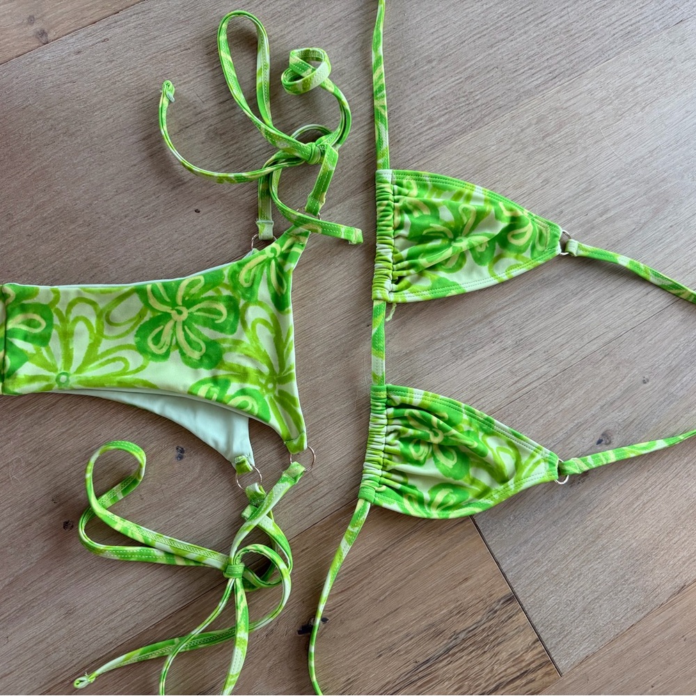 Green Floral String Bikini Top & Bottom Set